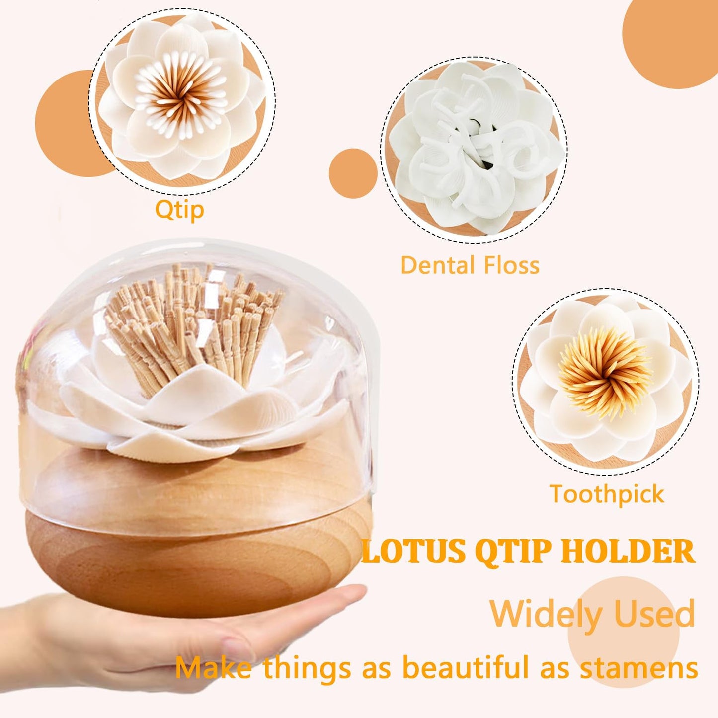 GZJINYUA Toothpick Holder Dispenser Lotus Q tip Holder Wood Toothpick Holder, Tooth Picks Beech Toothpick Holders White Flower Decorative for Kitchen Table Decorations Cute Gifts -with 80 Toothpick