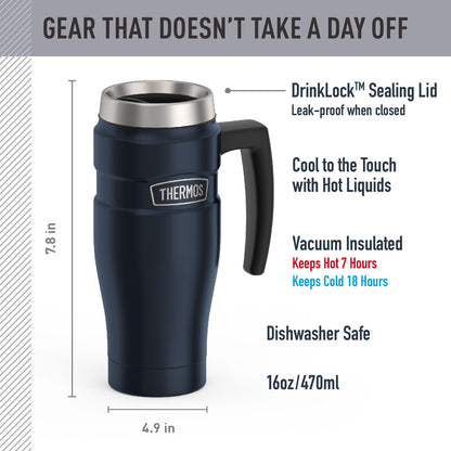 THERMOS Stainless King Vacuum-Insulated Travel Mug with Handle - 16oz, Midnight Blue - Thermos Tumbler for Hot & Cold Drinks - Leak & Sweat-Proof Stainless Steel Coffee Mug with Lid for Commuting