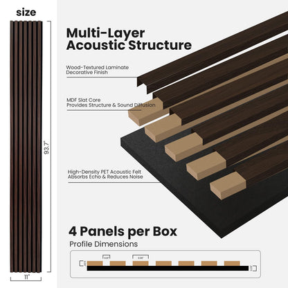 Wood Slat Wall Panels - 4 Pack 93.7" × 11" - Acoustic Panels Noise Reduction for Home Office Studio, 3D Fluted Sound Dampening Absorbing Panels, Dark Walnut