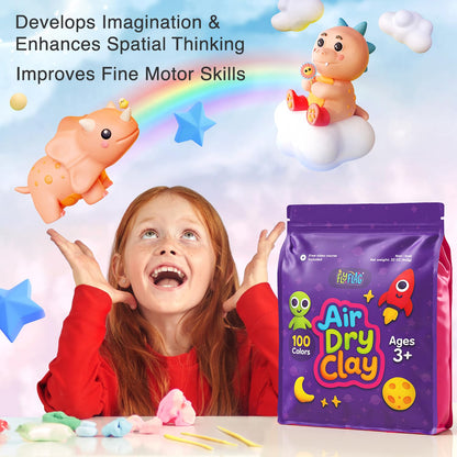 FlyFlag Air Dry Clay - 100 Colors, Ultra Light and Soft, Non-Toxic Modeling Clay for Kids with Tools and Tutorials, for Creative Play and Learning