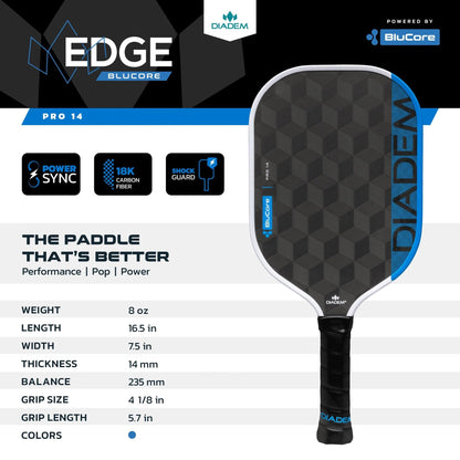 Diadem Edge BluCore Pro Pickleball Paddle | Ultimate Speed & Precision, Extended Reach, 18K Carbon Fiber, PowerSync Foam Core | USAPA Approved (Pro 14mm)