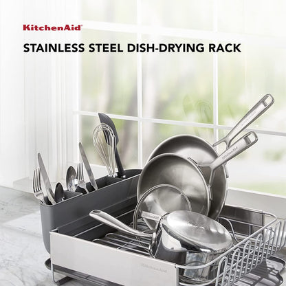 KitchenAid Large Capacity, Fully Size Self Draining Rust Resistatant Satin Coated Dish Rack with Removable Flatware Caddy 20.47-Inch, Gray