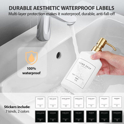 Gold Soap Dispenser Set, Glass Hand and Dish Soap Dispenser Set with Tray,Stainless Pump,14 Stickers for Kitchen,Bathroom Soap and Lotion Dispenser,Modern Counter Decor (White Bottle/Gold Pump)