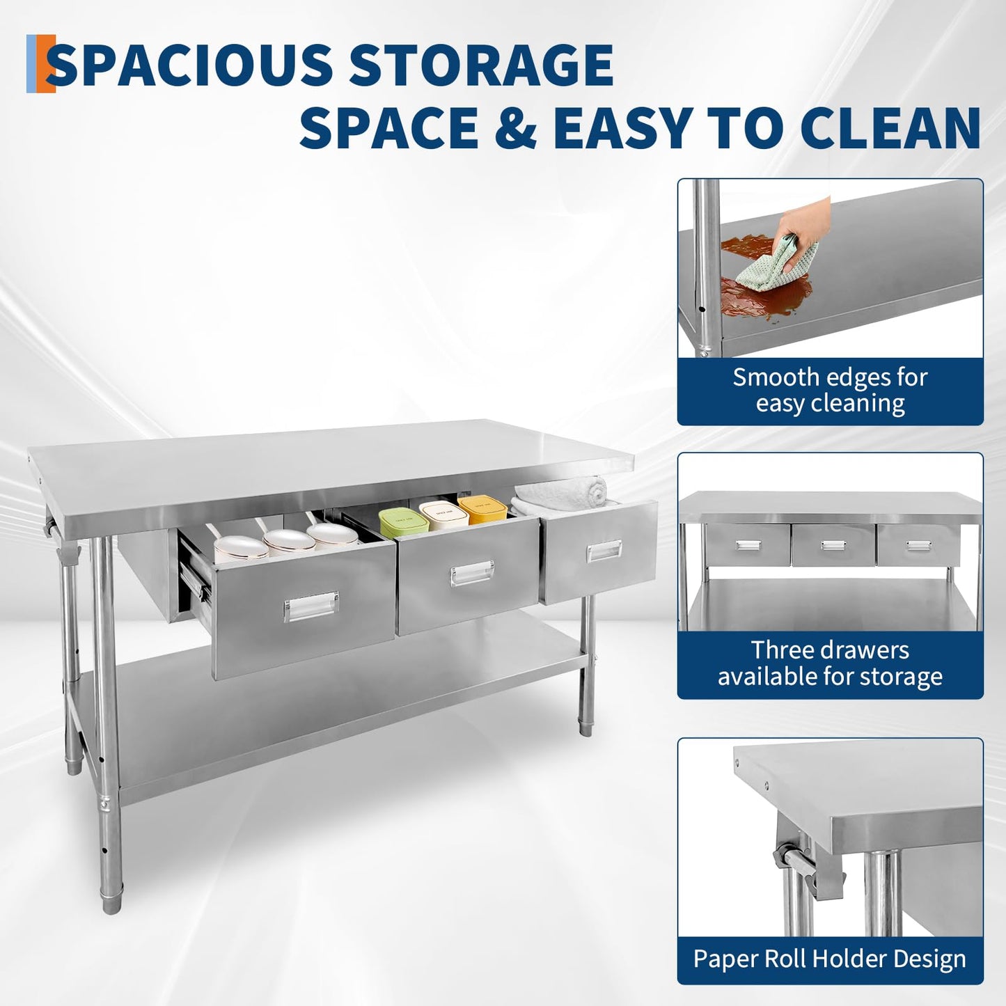 Stainless Steel Table with 3 Drawers, 60" X 24" NSF Prep Table with Adjustable Undershelf & Paper Towel Holder, Heavy-Duty Food Prep Worktable for Commercial Kitchen Restaurant Garage Warehouse