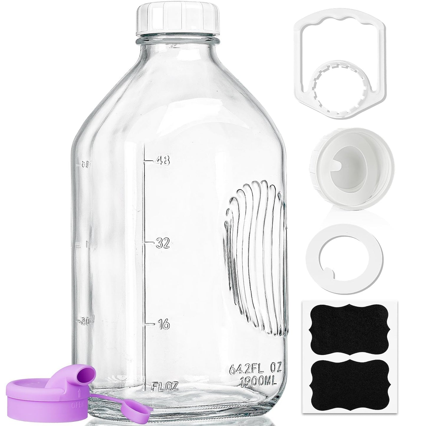 Ritayedet 64 Oz Heavy Duty Glass Milk Bottle with Reusable Airtight Strong SCREW LID - 1/2 Gallon Water Bottles with Scale Lines - 2 Qt Glass Milk Jug Pitcher - Extra Gaskets & Handle!