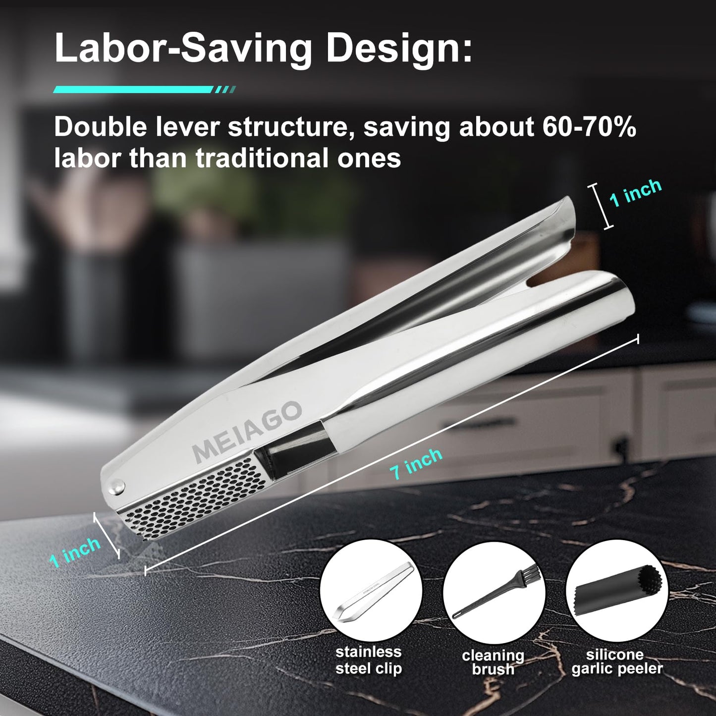 MEIAGO Garlic Press, Stainless Steel Garlic & Ginger Crusher, with Built-In Cleaner, Rust Resistant, No Peel, Large Capacity, Easy Clean，Dishwasher Safe，Silver