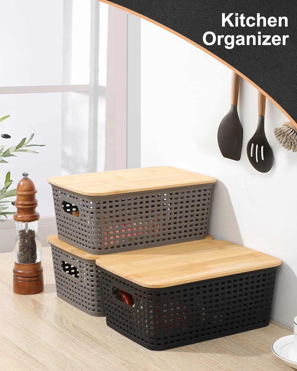 Storage Bins with Bamboo Lids - Set of 6 Lidded Plastic Baskets for Organizing Kitchen, Bedroom, Office, Closet