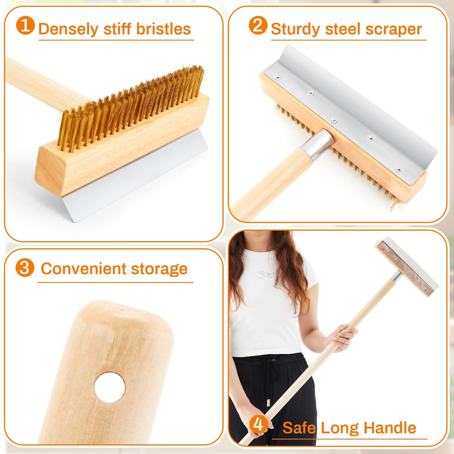 Reallnaive 2 Pack 37 Inch Wood Handle Pizza Oven Brush with Scraper Outdoor Pizza Oven Cleaning Brush Tool, Aluminum Threaded Tip, Brass Bristles with Steel Scraper