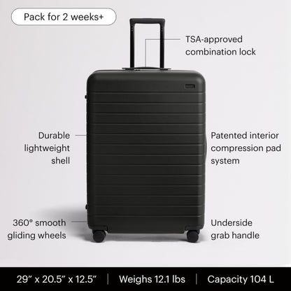 Away Large Checked Luggage - 29-Inch Lightweight Hardside Suitcase with Four WhisperGlide 360° Spinner Wheels, Interior Compression System, TSA-Accepted Lock - Jet Black