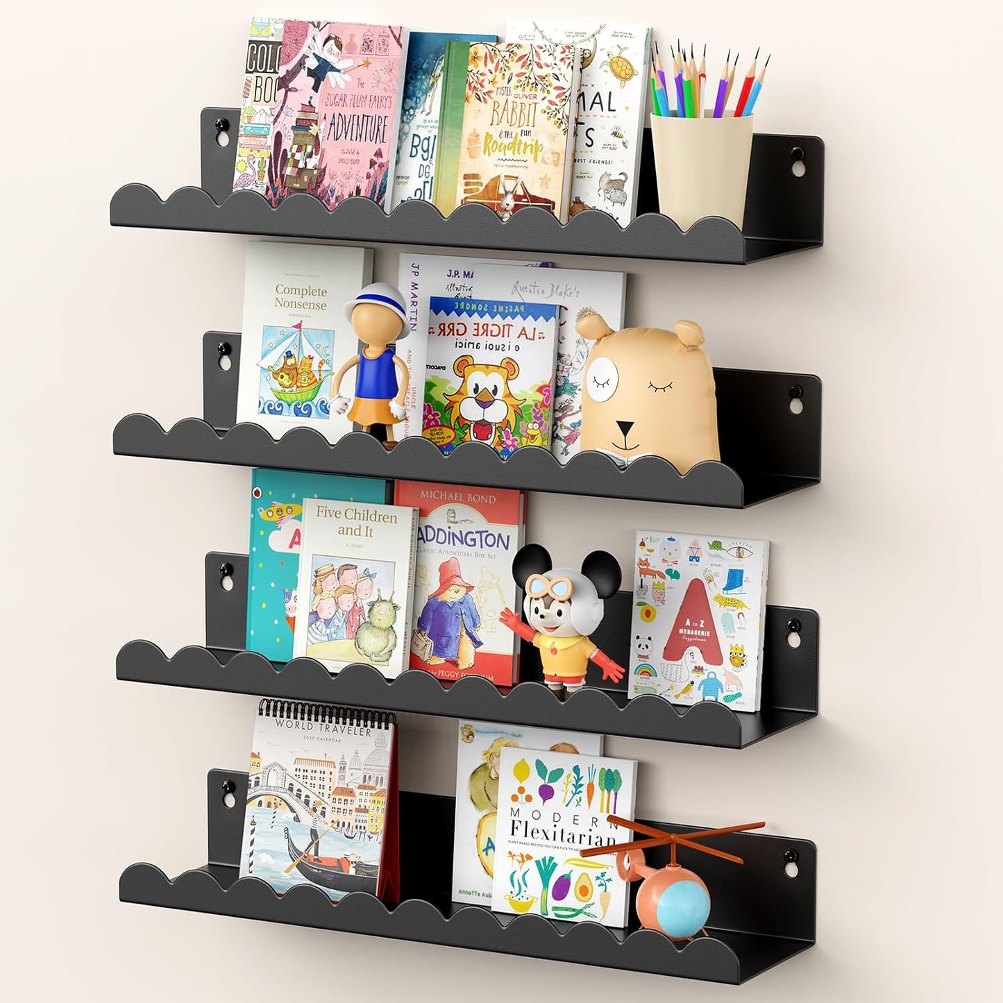 17 Inch 4 Pack, Nursery Book Shelves, Metal Floating Shelves for Wall Scalloped Shelves, Wall Mounted Book Shelf