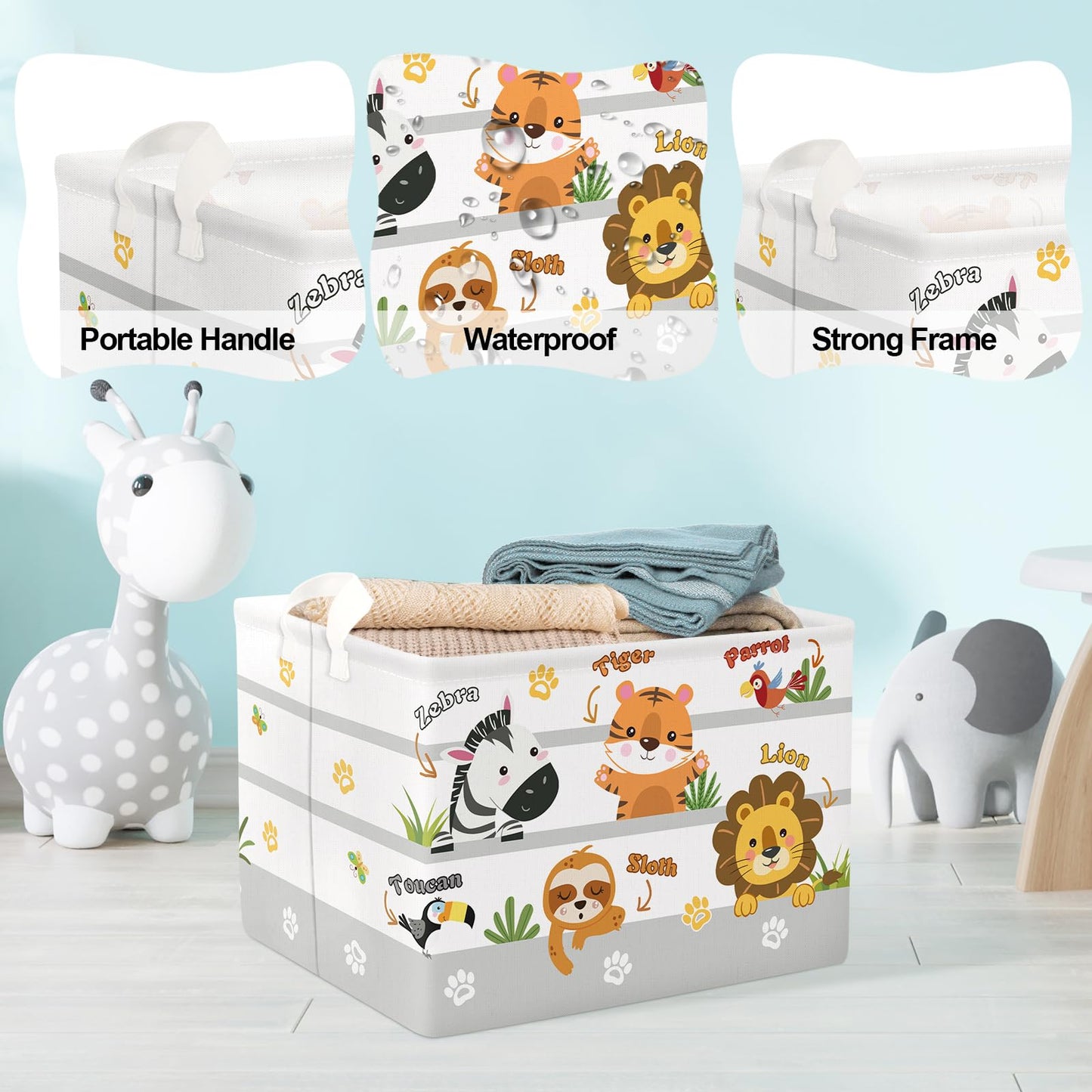 Clastyle Collapsible Cute Animal Zebra Kid Book Toy Storage Basket Tiger Lion Clothes Nursery Hamper for Bedroom Bathroom, 36L Yellow Tiger
