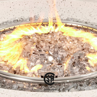 COSIEST Outdoor Propane Fire Pit Coffee Table w Terrazzo White 42 inch Round Base Patio Heater, Certified, 50,000 BTU Stainless Steel Burner, Wind Guard, Transparent Gray Fire Glass, Rain Cover