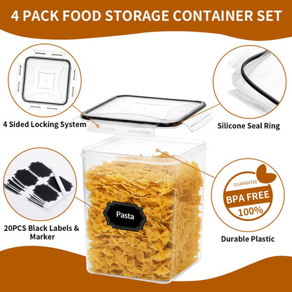 HKJ Chef 4 Pack Large Airtight Food Storage Containers with Lids (5.2L / 176oz), BPA Free Plastic Kitchen and Pantry Organization Contianers for Cereal Flour and Sugar Storage, Labels & Marker