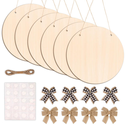 DIYDEC 6 Pack Wood Circles for Crafts 14 Inch Unfinished Wood Slices Blank Wooden Door Hanger Sign Round Wood Discs with Bows Twine Glue Point for DIY Crafts Painting Christmas Home Holiday Decor