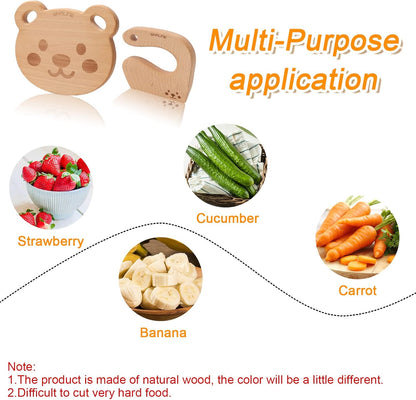 Cute Bear Wooden Cutting Board and Safe Wooden Kids Knife Set, Natural Thick Montessori Knife for Kids, 2Pcs