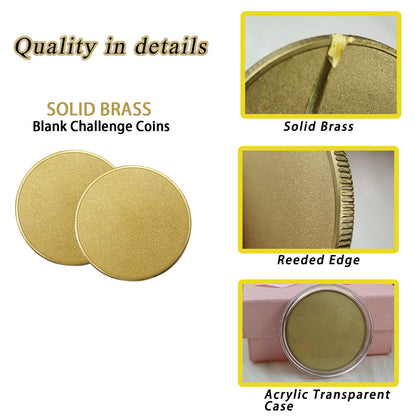 Solid Brass Blank Challenge Coins for Engraving, 10 Pcs Matte Finish 40 mm Brass Coin Blanks for Laser Engraving with Plastic Case - 3mm Thickness Blank Coins for DIY Crafts Gifts