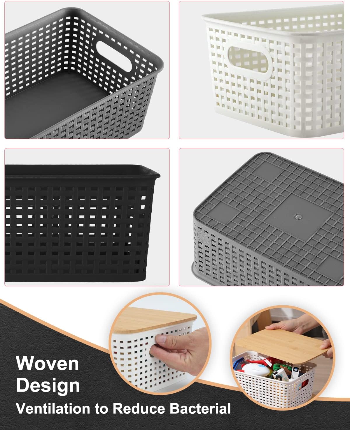 Storage Bins with Bamboo Lids - Set of 6 Lidded Plastic Baskets for Organizing Kitchen, Bedroom, Office, Closet