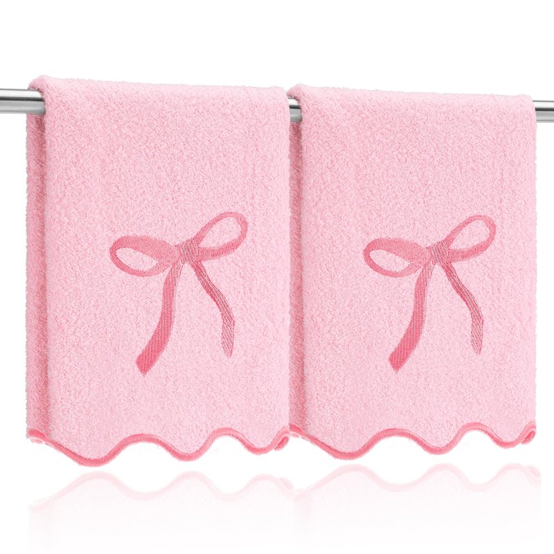 SmoothNovelty 2 Pcs Fingertip Towels for Bathroom 12 x 18 Inch Small Fingertip Towels with Scalloped Pink Bow Design Embroidery Coquette Bow 100% Cotton Soft Absorbent Guest and Housewarming Gift