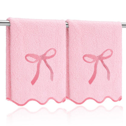 SmoothNovelty 2 Pcs Fingertip Towels for Bathroom 12 x 18 Inch Small Fingertip Towels with Scalloped Pink Bow Design Embroidery Coquette Bow 100% Cotton Soft Absorbent Guest and Housewarming Gift