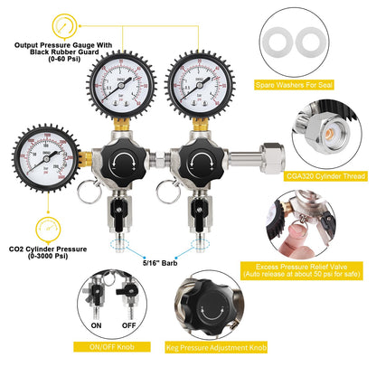 New Adjustable Dual Tap Kegerator Tower & Dual Keg Regulator CO2 Beer Pressure Regulator 0-60psi for Brewing