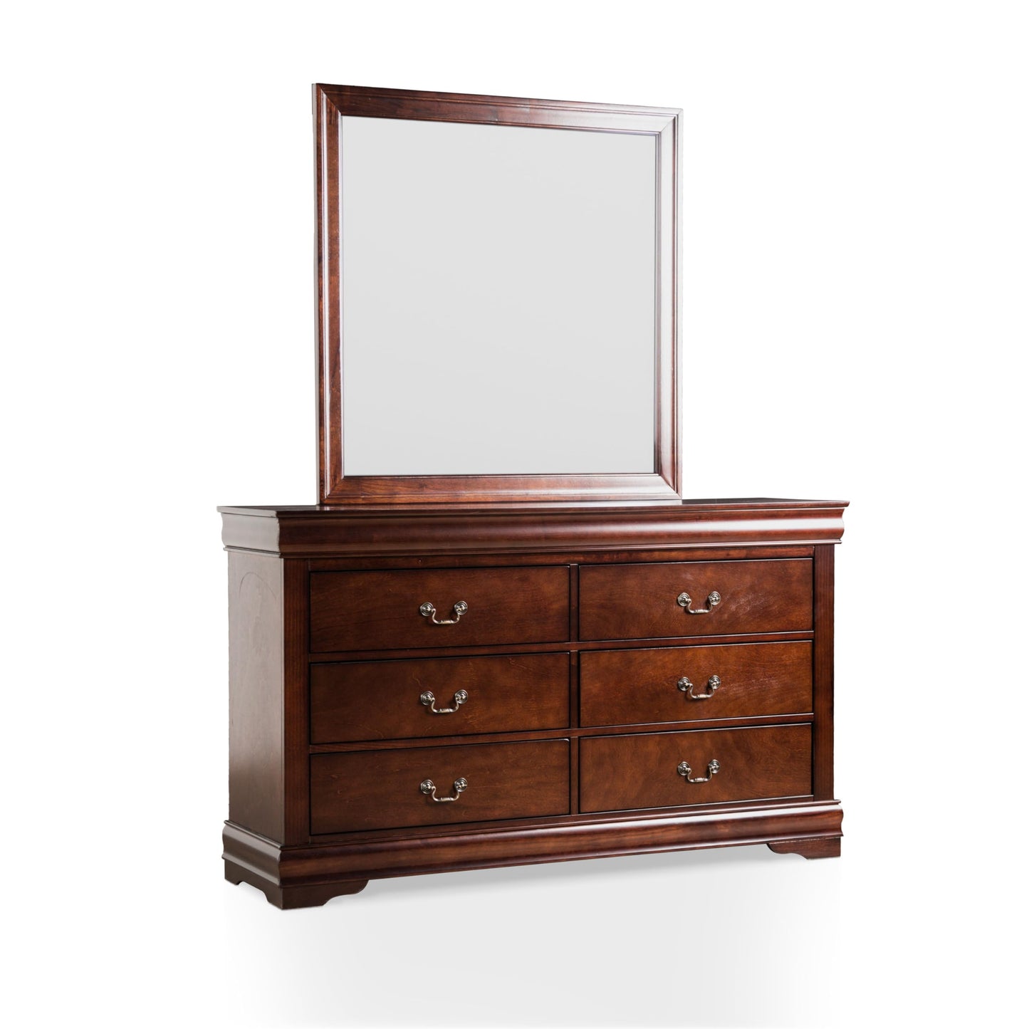 Furniture of America Louis Philippe Traditional Wooden 6 Drawer Dresser with Mirror, Vintage Bedroom Set, Accent Vanity Dressing Table with Antique Nickle Handles, Walk-in Closet, Cherry