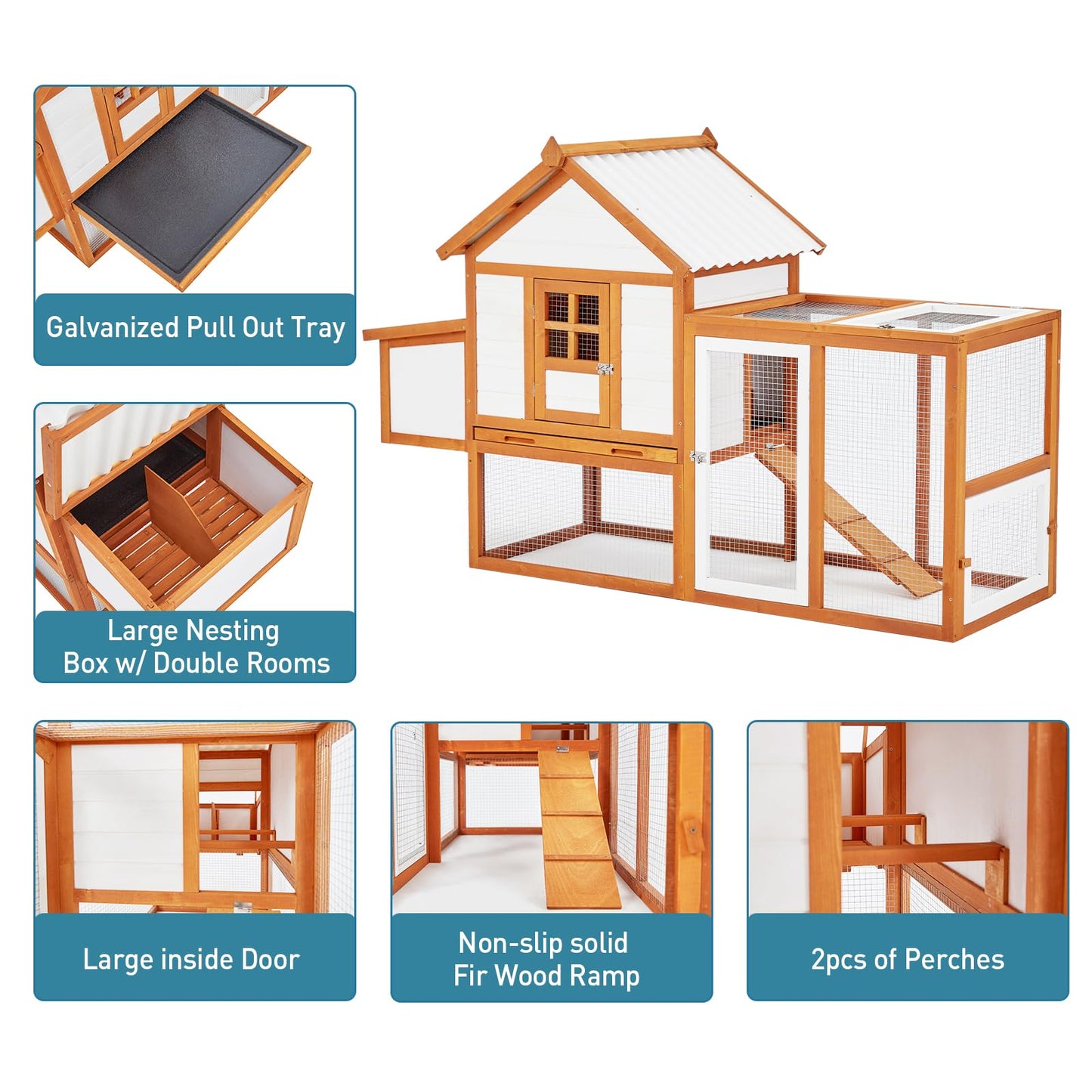 Wooden Chicken Coop & Rabbit Hutch – Portable Hen House for 4-6 Chickens with 5 Access Doors, Nesting Box, Removable Tray, & PVC Roof, Backyard Chicken House for Rabbits, Ducks, Cats, Guinea Pigs