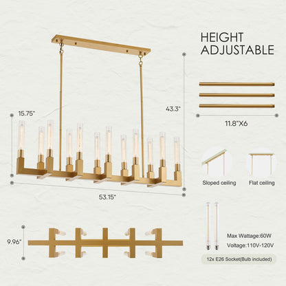 TACDANDM 54-inch Linear Dining Room Pendant Light Fixture with Glass Tube,Gold Rectangular 12-Lights Industrial Kitchen Island Lighting Over Table(Included E26 Bulbs)
