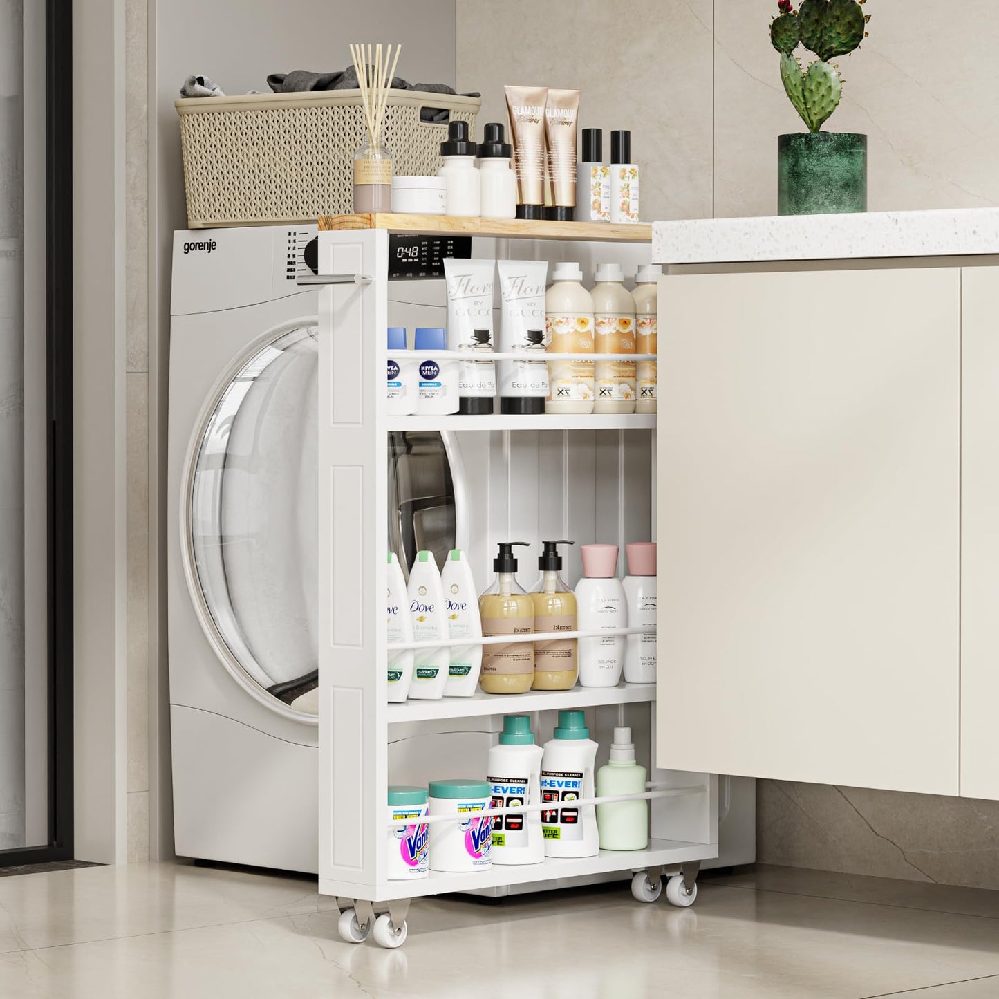 KLM 4 Tier White Slim Storage Cart with Handle, Slide Out Storage Rolling Utility Cart for Kitchen, Laundry, Narrow Places