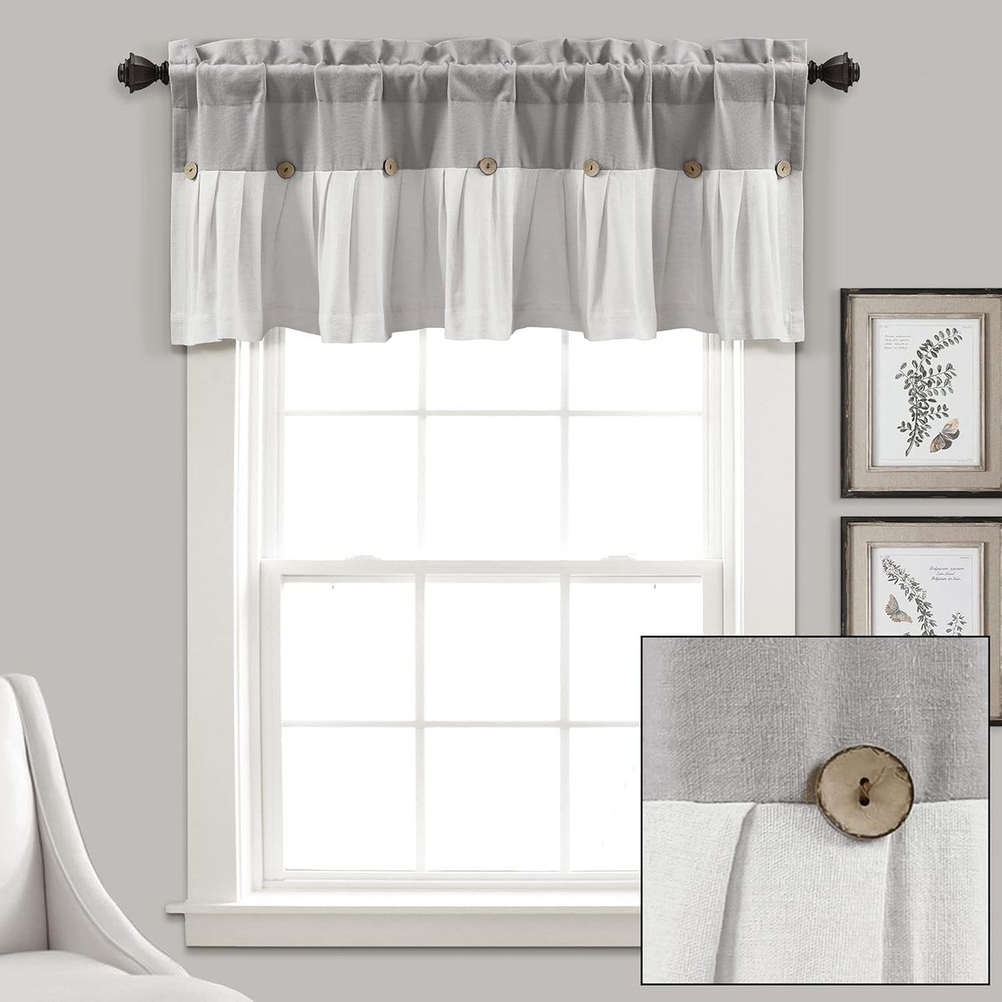 Lush Decor Linen Button Farmhouse Valance - 52" W x 18" L, Gray & White, Rustic Kitchen Curtains with Coconut Husk