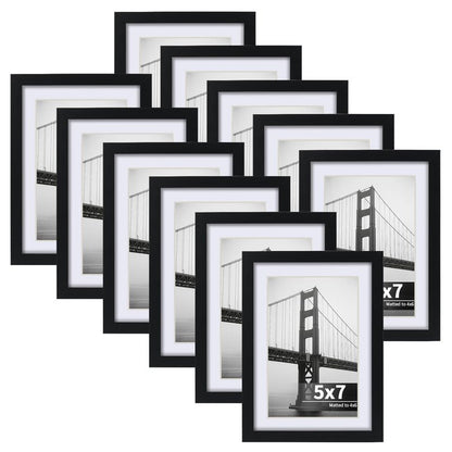 CRUGLA 5x7 Picture Frames Set of 11, Display Pictures 4x6 with Mat or 5 by 7 without Mat, Wall or Tabletop Display, Black