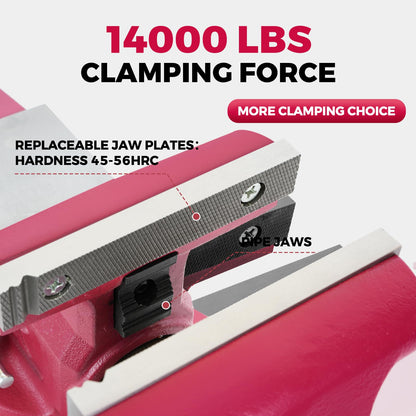 Forward Round Bench Vise 6 Inch Heavy Duty, 1760 Economic Industrial Vice with 360° Swivel Base, 6" Jaw Width, 7" Max Jaw Opening, 4" Throat Depth 72,000PSI Ductile Iron