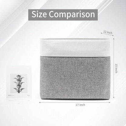 Bagnizer Large Fabric Storage Baskets - 50L Decorative Linen Bins with Handles for Organizing | Grey & White, 17x12x15 Inches