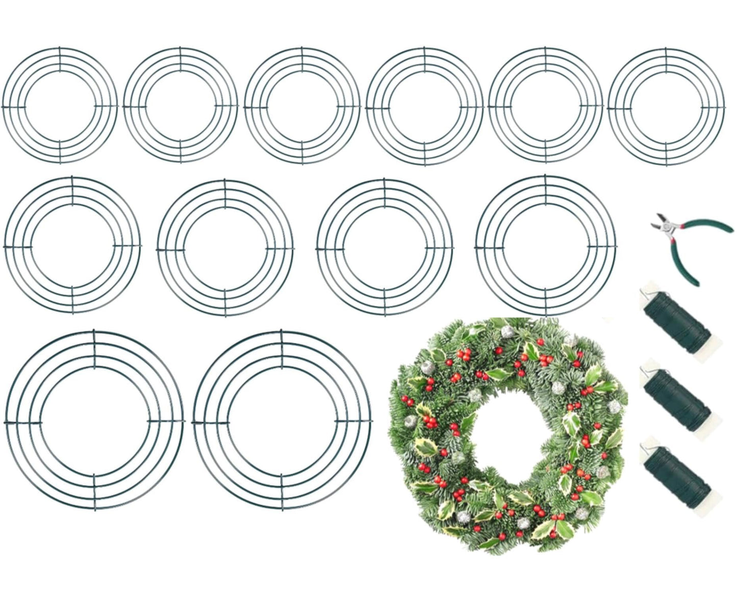 Kritkin 12 Pack 8, 12, 16 Inch Wire Wreath Frames Round Green Wreath with 114 Yard Paddle Wire and Cutters for Christmas New Year Party Valentines Wedding Easter Home Decor DIY