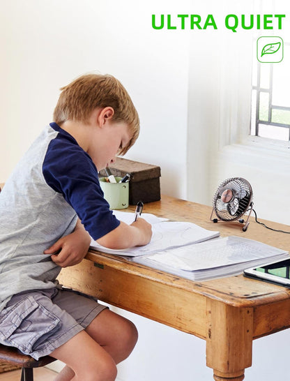 xasla 4 Inch Small USB Desk Fan, Mini Quiet Fan with Metal Construction, Strong Airflow, 360° Adjustable Tilt Angle
