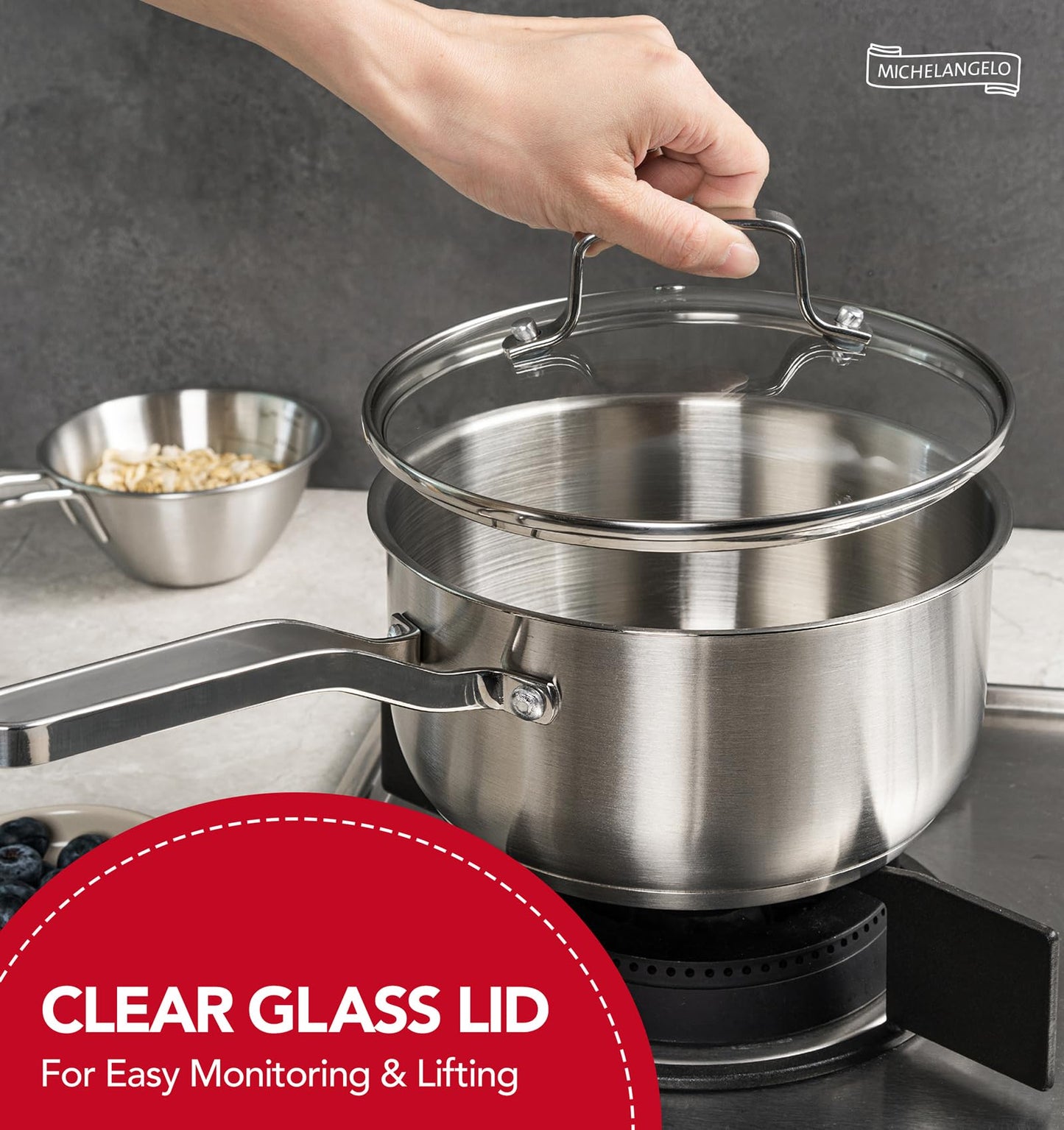 MICHELANGELO Stainless Steel Pots Set - 1QT & 2QT & 3QT Stainless Steel Sauce Pan with Lid, Induction Saucepan Set, Small Pots for Cooking - 6 Pcs