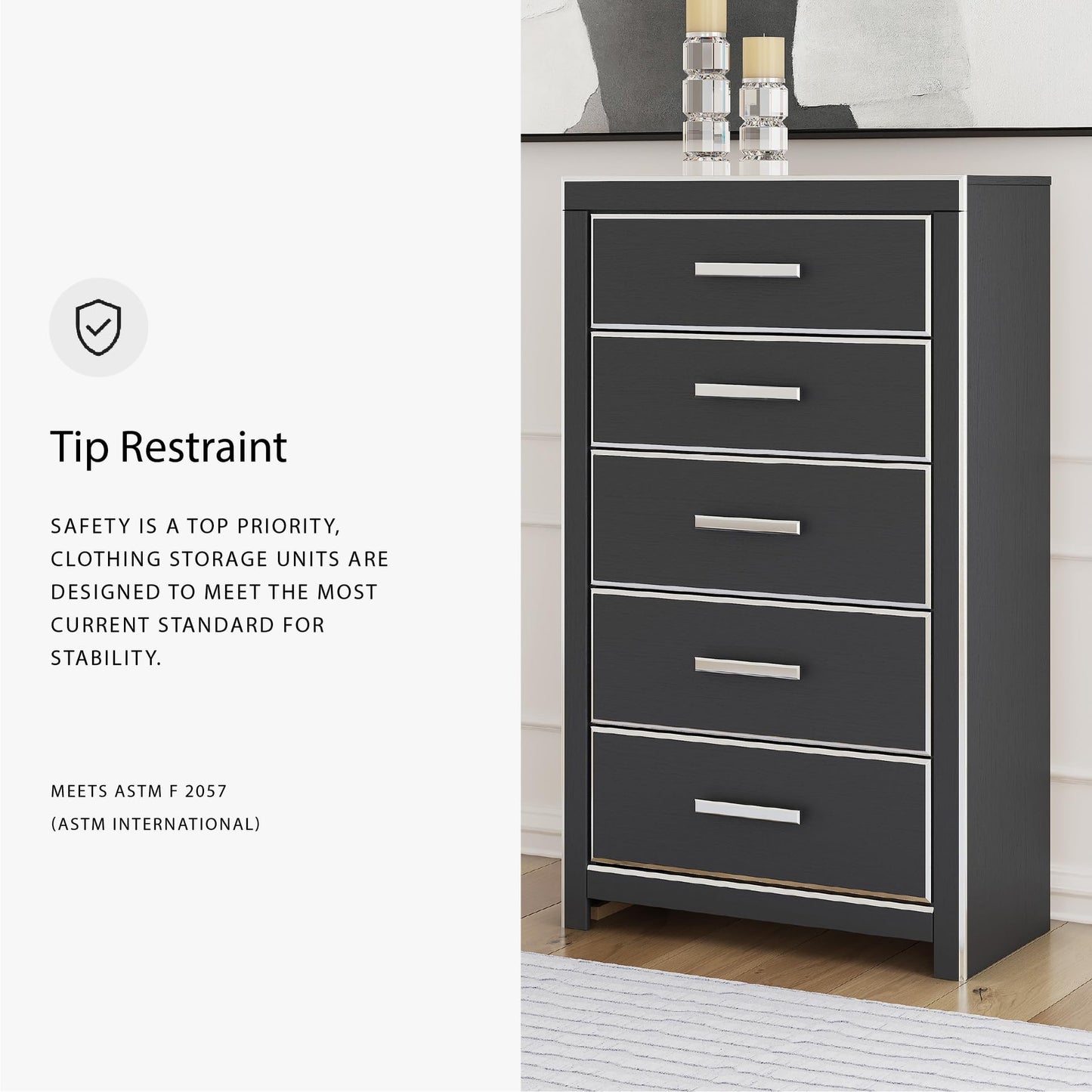 Signature Design by Ashley Ravalori Contemporary 5-Drawer Chest with Wood Finish, Black