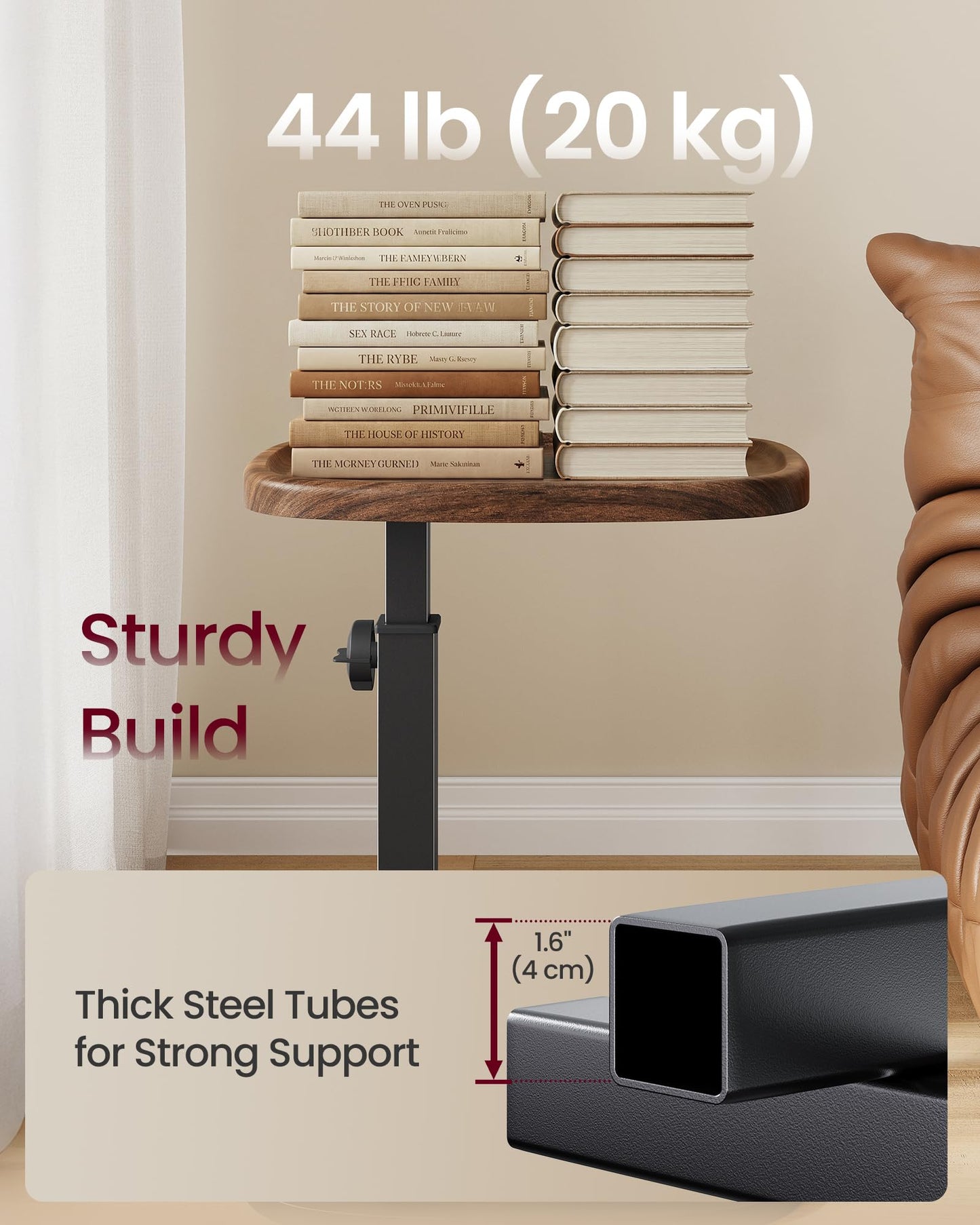VASAGLE C Side Table Adjustable Height, Couch Sofa Table, End Table, TV Tray for Small Spaces, 11.8 x 15.7 x 27.2 Inches, for Living Room, Bedroom, Walnut Brown and Ink Black ULET363M101