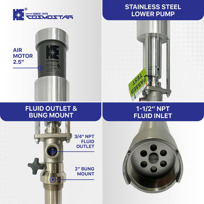 COSMOSTAR 2.5" 2:1 Air Operated Pneumatic Piston Pump for 55 Gallon Drum Teflon Packing Oil Chemical Transfer Pumps 4.0GPM/15LPM, High Fluid Pressure 240 Psi