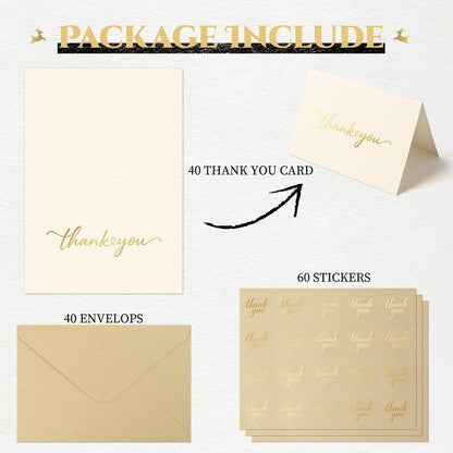 JIXZEN 40 Pack Gilding Thank You Cards with Envelopes & Matching Stickers, Thank You Notes for Wedding, Business, Baby Shower, Small Business, Graduation