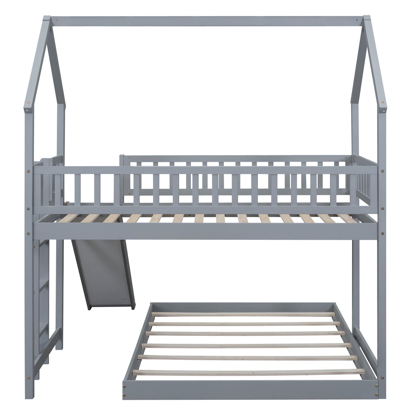 Bellemave Twin Over Full Bunk Bed with Slide and Built-in Ladder, House Shaped Solid Wood Bunk Beds with Full-Length Guardrail for Kids,Teens, Adults, No Box Spring Required, Gray