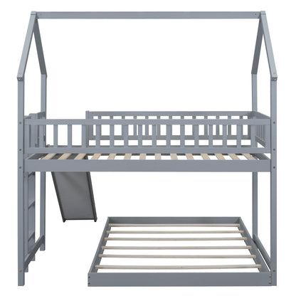 Bellemave Twin Over Full Bunk Bed with Slide and Built-in Ladder, House Shaped Solid Wood Bunk Beds with Full-Length Guardrail for Kids,Teens, Adults, No Box Spring Required, Gray