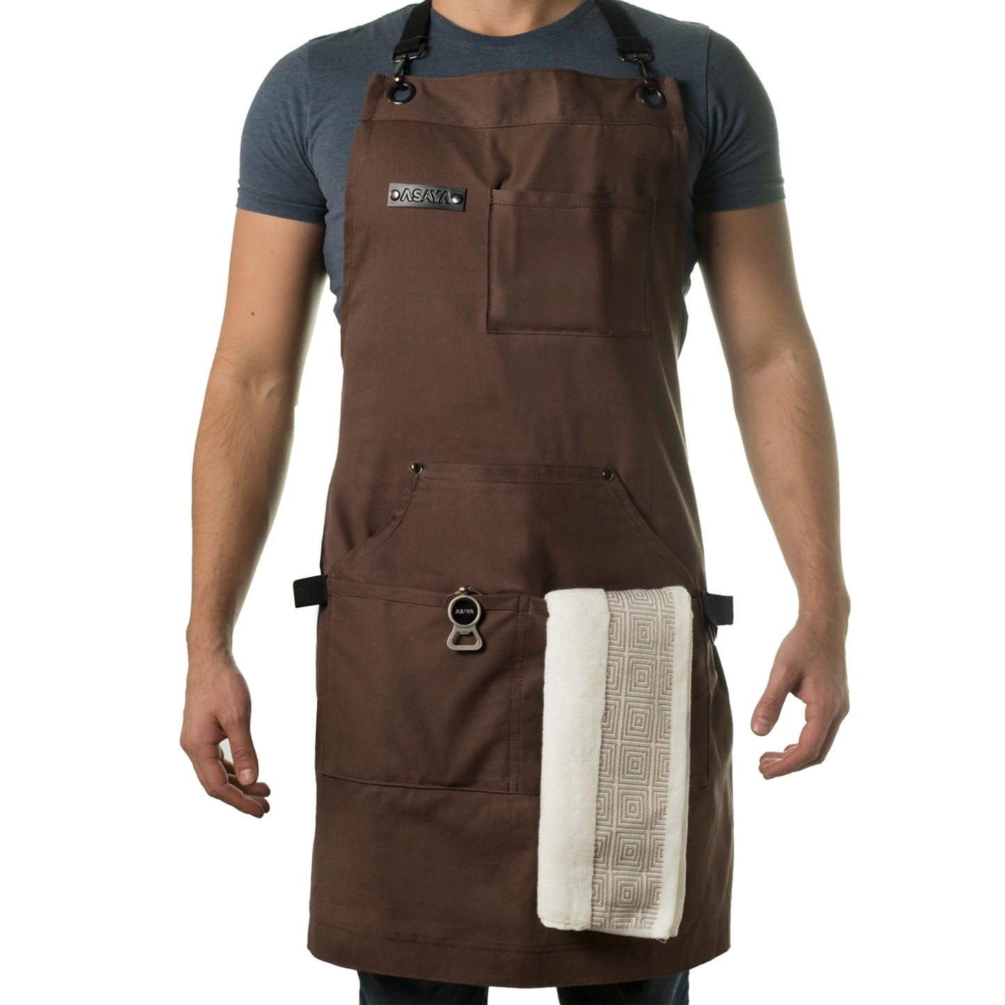 Asaya Chef & BBQ Apron with Pockets - Cross Back Canvas Cooking Apron for Women and Men, Adjustable Work & Grilling Aprons with Pocket, Bottle Opener and Hand Towel, 10oz Cotton Canvas (Brown)