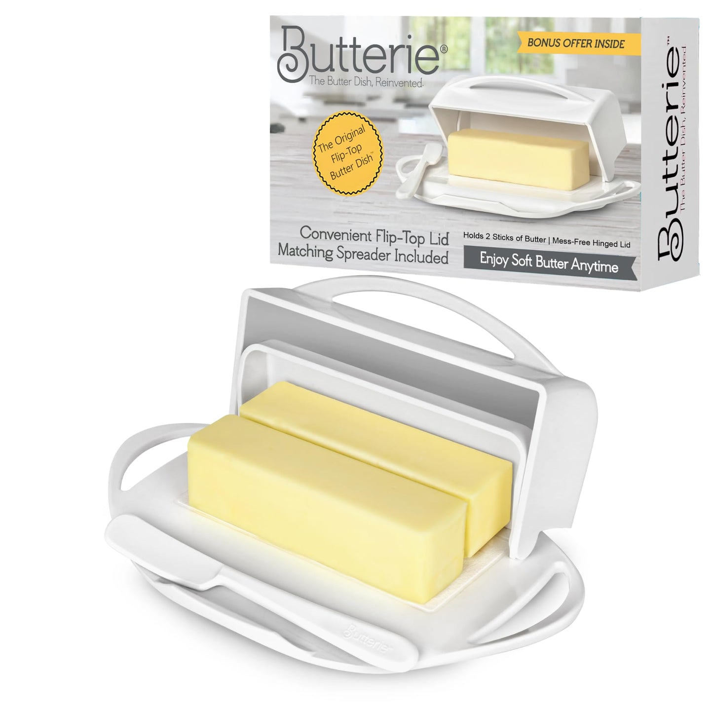 Butterie Flip Top Butter Dish with Attached Lid & Matching Knife - Holds 2 Sticks, Fits Kerrygold/European Butter - BPA Free & Dishwasher Safe - White