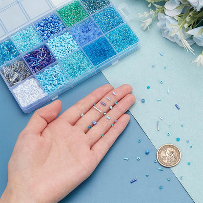 PH PandaHall 14 Colors 5944pcs Blue Series Seed Beads Kit 2~4mm 4052pcs Round Glass Beads 3~12x1.8~2mm 1892pcs Bugle Beads Tube Spacer Beads Loose Beads for Bracelet Necklace Jewelry Making