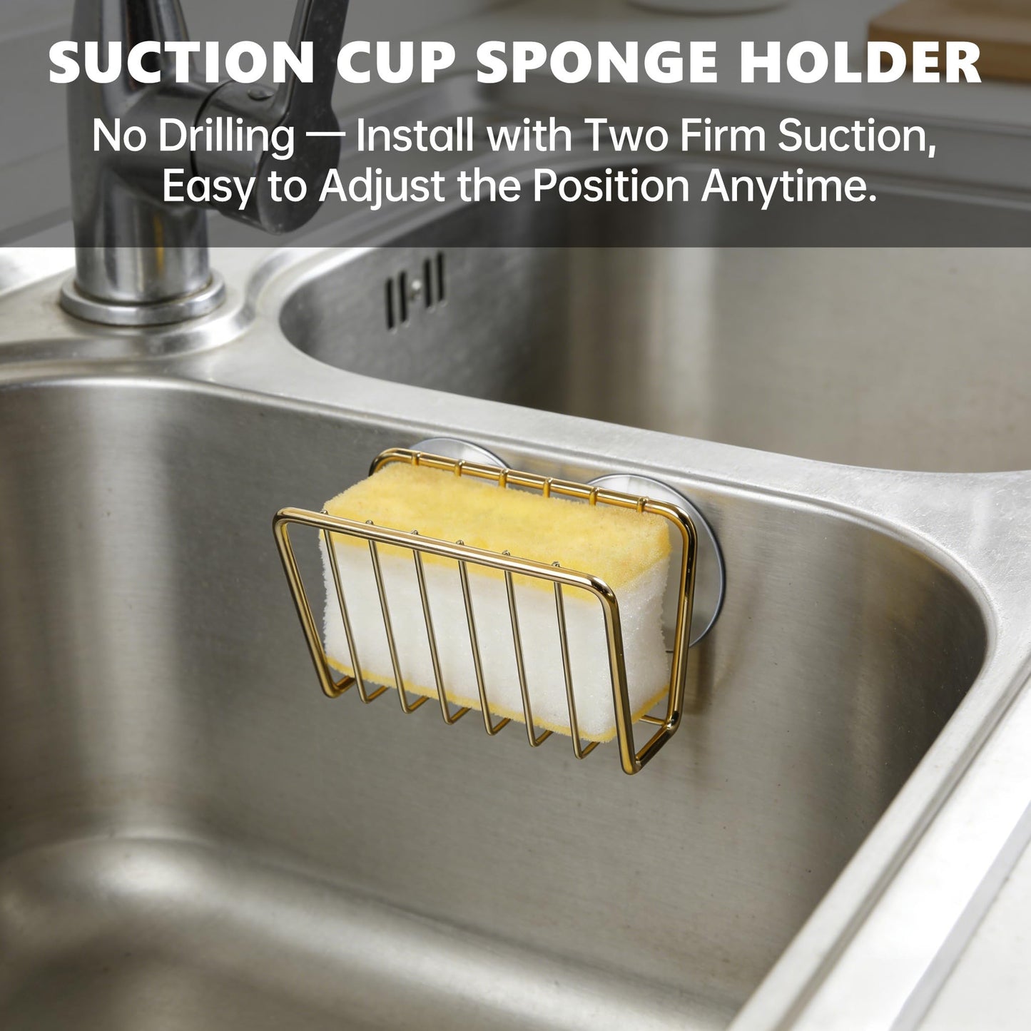 blueden Kitchen Sink Suction Holder for Sponges,Soap,sink strainer, sink stopper.Food Graded Stainless Steel,No Drilling,Wall Mounted Soap Holder Soap Tray Bar Holder for Bathroom & Kitchen,Gold.