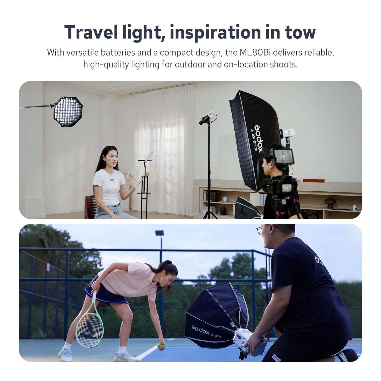 Godox ML80Bi COB Video Light w/95Wh Detachable Battery, Brighter Bi-Color Led Video Light 29600lux@5600K 1m, CRI 96, 2800K-6500K,11FX, Dimming 0%~100%, Portable Continuous Output Lighting Photography