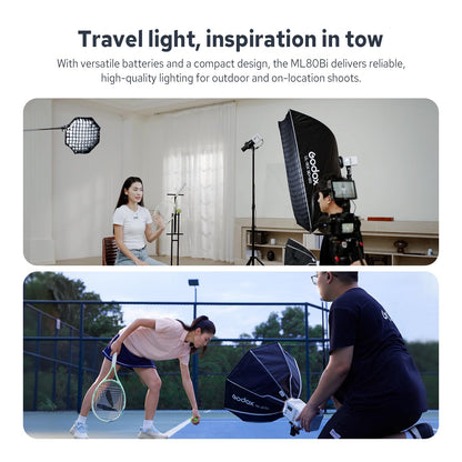 Godox ML80Bi COB Video Light w/95Wh Detachable Battery, Brighter Bi-Color Led Video Light 29600lux@5600K 1m, CRI 96, 2800K-6500K,11FX, Dimming 0%~100%, Portable Continuous Output Lighting Photography