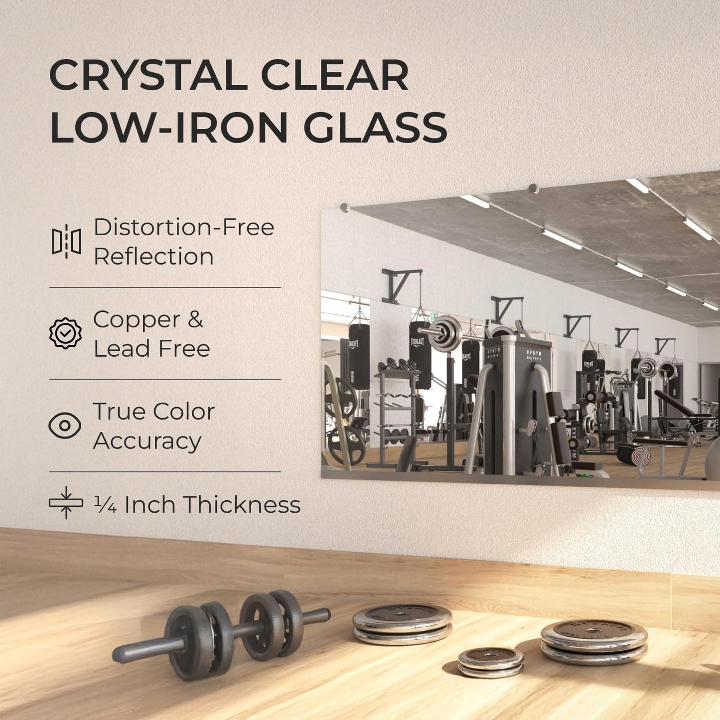 Fab Glass and Mirror Large Gym Mirror for Home Gym 48x32 - Full Length Ultra-Clear Annealed Glass Wall Mount - DIY Workout Display with Safety Backing - 1/4 Inch Low-Iron