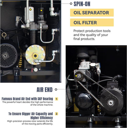 Torin PACK7-TA 7.5KW 10HP Rotary Screw Air Compressor 230V/3Ph 35CFM 125psi with 80Gal ASME Tand & Air Dryer Heavy Duty Air Compressed System All in One