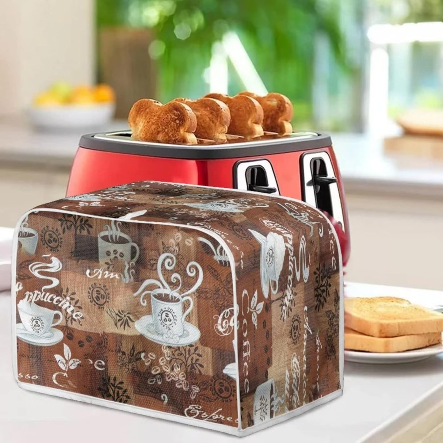 JEOCODY Toaster Cover, Coffee Theme Print, 4 Slice Wide Slot Small Appliance Cover with Handle